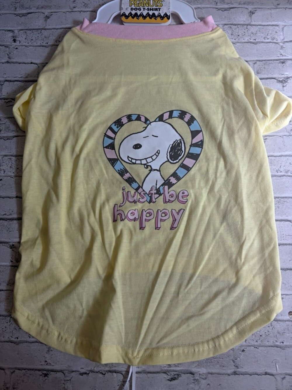 Peanuts Snoopy “Just Be Happy” Dog T-Shirt Size L Yellow/Pink Short Sleeve NWT